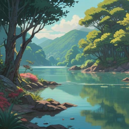 A serene landscape with a tranquil lake, lush greenery surrounding the water, gentle hills in the background, soft sunlight filtering through the trees, a cozy wooden bench by the lakeshore, soothing reflections on the water surface, calming atmosphere, peaceful wildlife nearby, 4k