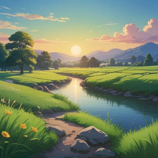 A serene landscape illustrating a harmonious connection with nature, vibrant green fields, a clear blue sky, gentle flowing river, subtle spiritual symbols in the air, a person meditating peacefully, surrounded by flourishing plants, warm sunlight filtering through the trees, sense of tranquility and balance, 4k
