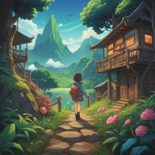 A vibrant illustration of a character exploring a lush landscape, surrounded by various signs pointing to different terrains, symbols of luck like four-leaf clovers and lucky coins scattered around, a thoughtful expression on the character's face as they contemplate their choices, detailed background with mountains and rivers, warm sunlight illuminating the scene, whimsical atmosphere, 4k