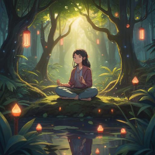 A serene illustration of a person meditating in a tranquil forest, surrounded by soft glowing lights, symbolic representations of spiritual signs such as feathers and butterflies, peaceful expressions, nature elements like trees and flowers, a harmonious atmosphere, uplifting colors, 4k