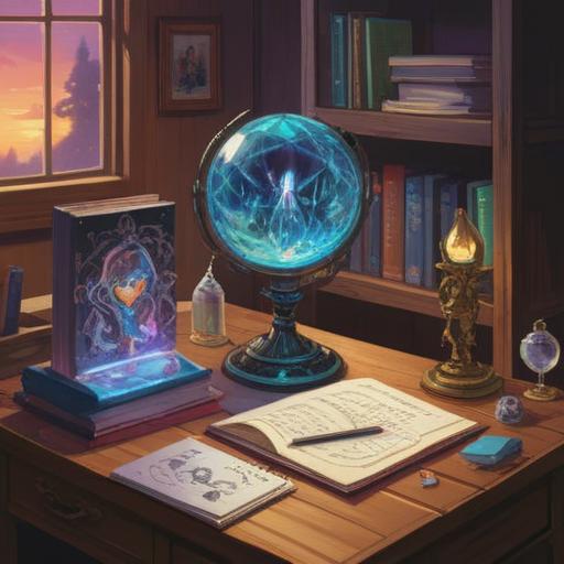 A motivational scene featuring a lucky crystal, glowing with vibrant colors, placed on a wooden desk surrounded by motivational books, a notepad with goals written on it, sunlight streaming through a window, creating an uplifting atmosphere, symbolizing self-discipline and determination, high detail, inspiring composition