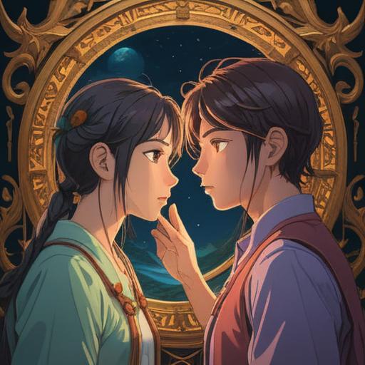 A contemplative scene depicting a person gazing into a mirror, a reflection showing a spiritual version of themselves, ethereal light surrounding both figures, symbols of connection and self-discovery, serene atmosphere, nature elements like trees and water in the background, soft focus, vibrant colors, thought-provoking imagery, 4k