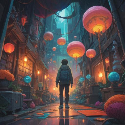 A surreal illustration of a person meeting their doppelgänger, vibrant colors, magical atmosphere, lucky items floating around them, a sense of wonder and discovery, detailed facial expressions, whimsical background, dreamlike scene, 4k