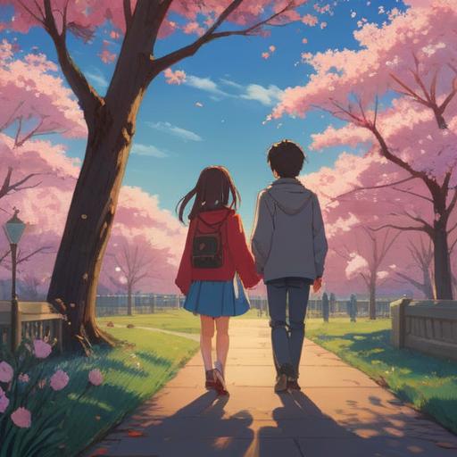 A serene and inspiring scene depicting a chance meeting between two people, soft lighting illuminating their faces, a park setting with blooming cherry blossoms, a sense of destiny in the air, warm smiles and open body language, moments of connection and understanding, vibrant colors enhancing the emotional depth, cinematic atmosphere, 4k