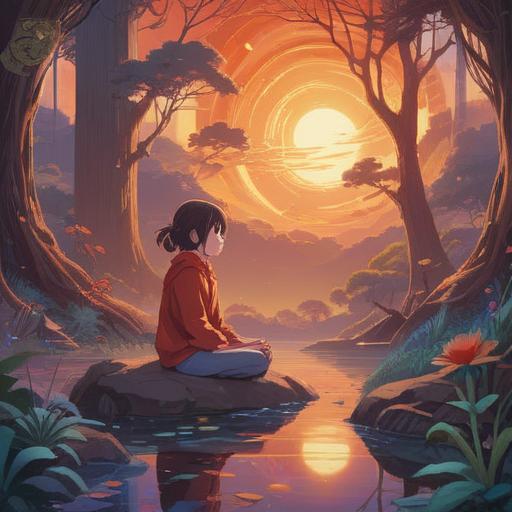 A serene and introspective landscape, a figure meditating in nature, surrounded by swirling energy patterns, soft glowing light illuminating the scene, reflections of inner turmoil in the water, lush greenery symbolizing growth, gentle breeze carrying away frustrations, ethereal atmosphere, 4k