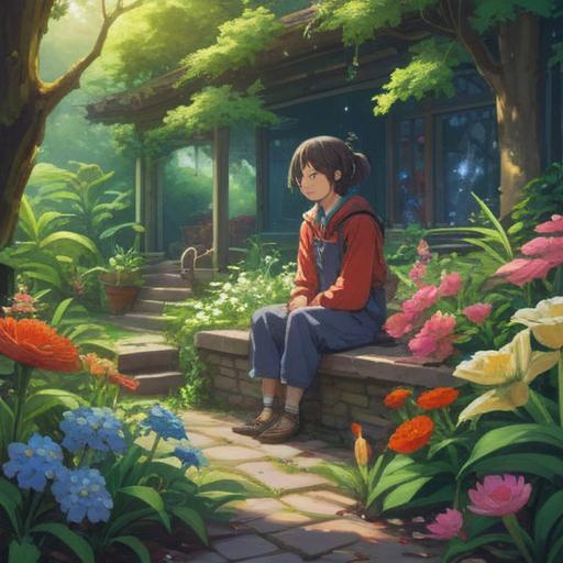 A serene and introspective illustration, a person sitting in a peaceful garden, surrounded by blooming flowers, reflecting on their feelings, a gentle breeze rustling the leaves, soft sunlight filtering through the trees, symbols of growth and transformation, calm expression, harmonious colors, 4k