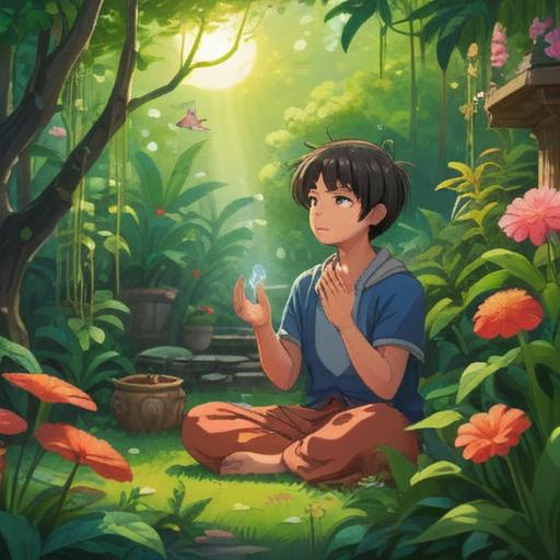 A serene and calming scene, a person meditating in a peaceful garden, surrounded by fragrant lucky aroma plants, soft sunlight filtering through the trees, gentle breeze moving the leaves, vibrant colors of flowers enhancing the tranquility, a sense of renewal and peace, harmonious atmosphere, inviting and soothing, 4k