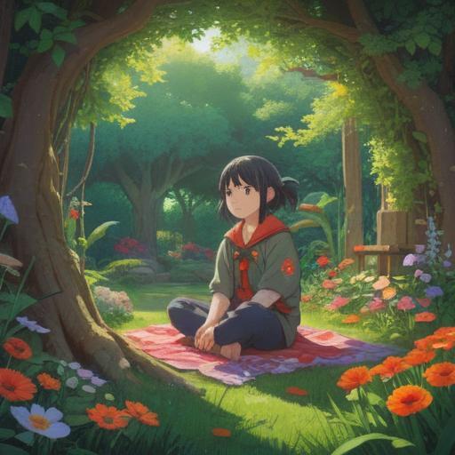 A serene and introspective scene, a person sitting cross-legged in a tranquil garden, surrounded by blooming flowers and soft sunlight, meditative expression, gentle breeze rustling leaves, spiritual symbols subtly integrated into the landscape, path of light leading toward a distant horizon, sense of inner peace and self-discovery, 4k