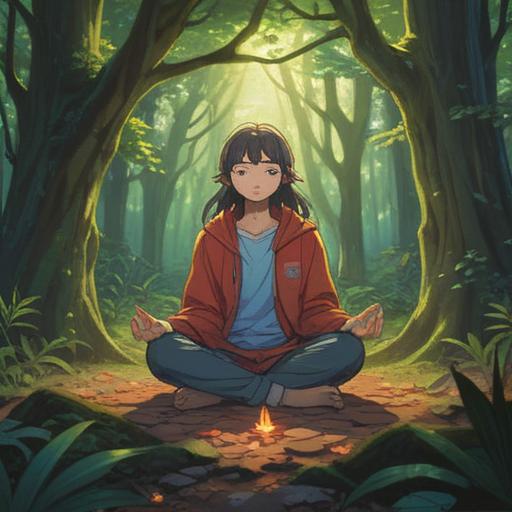 A serene and enlightening scene, depicting a person meditating in a peaceful forest, beams of light filtering through the trees, symbols of different career paths floating around, gentle aura surrounding the individual, vibrant colors representing positive energy, meaningful connections with nature, illustrated in a whimsical and uplifting style, 4k
