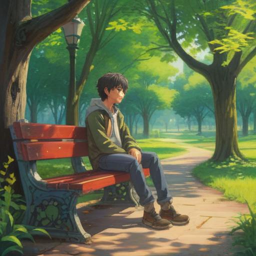 A serene and reflective scene, a person sitting on a park bench, deep in thought, surrounded by nature, sunlight filtering through the trees, a notebook in their lap, writing down ideas, a sense of clarity and focus, gentle breeze, soft colors, tranquil atmosphere, 4k