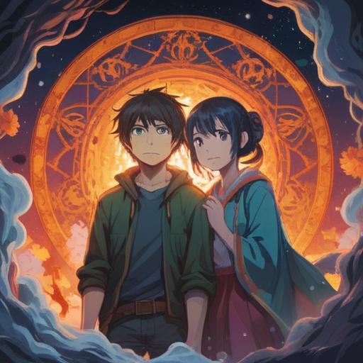 A spiritual illustration depicting two people resembling each other, surrounded by ethereal light, symbolic elements representing connection and unity, serene facial expressions, a tranquil natural setting, vibrant colors, harmonious energy, dreamlike atmosphere, 4k