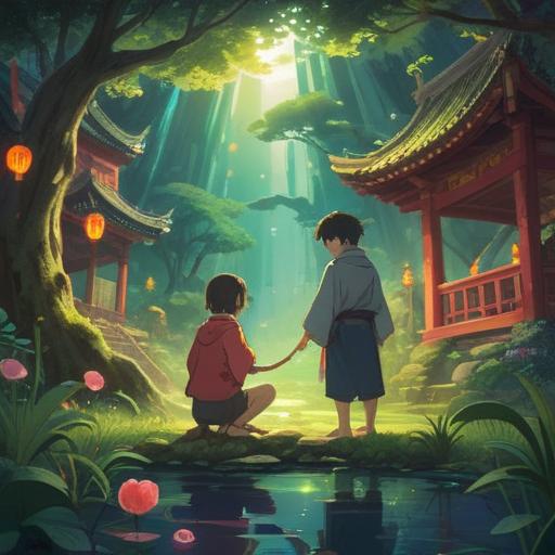 A serene and spiritual scene, two individuals resembling each other, glowing aura around them, surrounded by nature, symbols of good fortune and positive energy, gentle light illuminating their faces, harmonious atmosphere, connection between the two, deep contemplative expressions, peaceful landscape, 4k