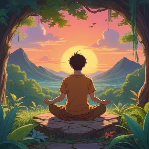A serene illustration of a person meditating under a radiant sunrise, surrounded by nature, vibrant colors, soft light filtering through leaves, energy flowing around the individual, peaceful expression, harmonious atmosphere, mindfulness and self-awareness, 4k