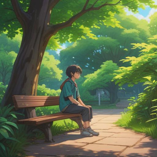 A serene and introspective scene, a person sitting alone on a bench in a tranquil park, surrounded by lush greenery, soft sunlight filtering through the leaves, a gentle breeze rustling the flowers, symbols of spiritual growth and enlightenment like butterflies and blooming lotus flowers, a sense of peace and awakening, 4k