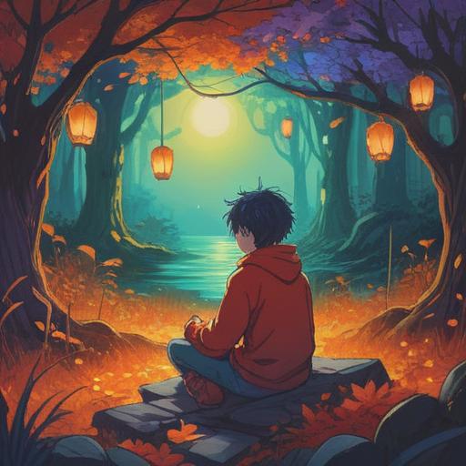An illustration depicting a person sitting alone in a lively gathering, showcasing a contrasting mood, vibrant colors, symbolic imagery of luck, elements of liberation and self-acceptance, warm and inviting atmosphere, thoughtful expressions, visual metaphors for inner freedom, 4k