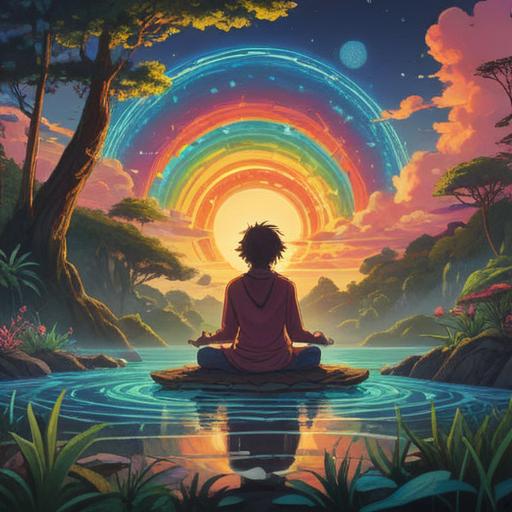 A vibrant and uplifting scene, depicting a person meditating under a radiant sunrise, surrounded by colorful energy waves, lush greenery, reflecting peace and mindfulness, showcasing new perspectives, harmonious environment, ethereal light, 4k