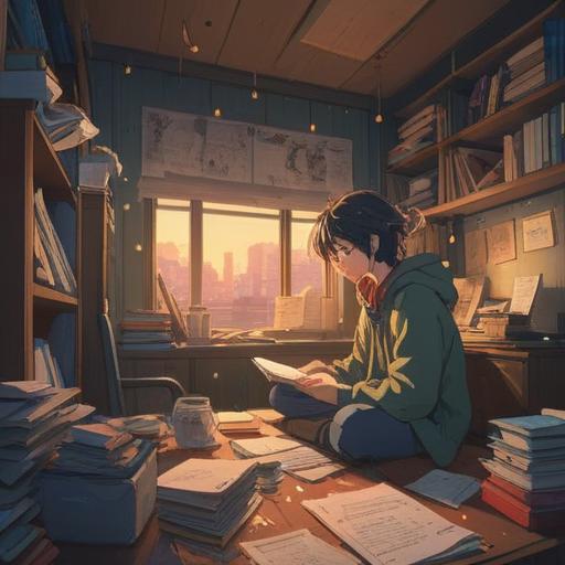 A serene and introspective scene, a person sitting alone at a cluttered desk, piles of paperwork surrounding them, a soft glow of sunlight filtering through a window, symbolizing clarity amidst chaos, a subtle aura representing spiritual burden, gentle colors, peaceful yet contemplative atmosphere, reflections of thoughts and emotions in the surroundings, 4k