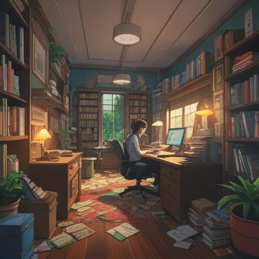 A bustling office scene, overflowing with paperwork, a chaotic desk filled with tasks, a glowing lucky charm on the desk, bright colors illuminating the charm, employees looking stressed transforming into relieved expressions, inspirational atmosphere, vibrant energy, detailed office background, 4k