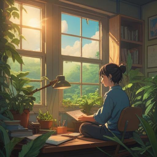 A serene office setting, a person meditating at their desk, calming plants surrounding, soft sunlight filtering through the window, inspirational posters on the wall, a peaceful ambiance, stress relief techniques visualized, healthy work-life balance, cozy workspace, 4k