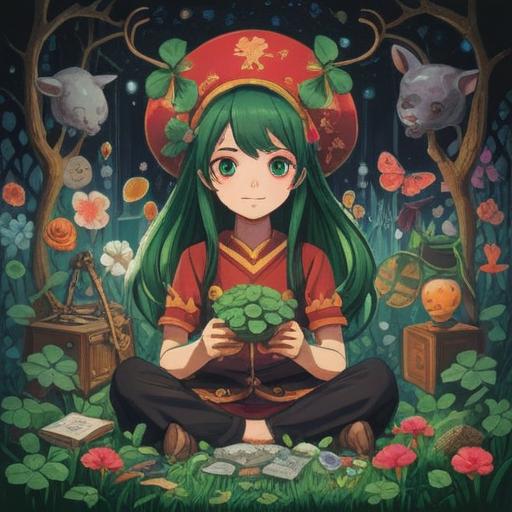 A whimsical illustration capturing the essence of lucky items during unusual times, featuring a collage of quirky talismans like a four-leaf clover, a lucky cat, and a horseshoe, subtly glowing in a vibrant and surreal environment, elements of magic and positivity, intricate details on each item, enchanting atmosphere, colorful and imaginative composition, 4k