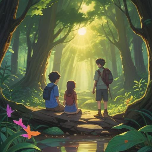 A serene landscape showcasing a peaceful gathering of people, communicating and exchanging ideas, rays of sunlight breaking through trees, diverse individuals symbolizing unity and collaboration, vibrant colors reflecting a sense of harmony, 4k