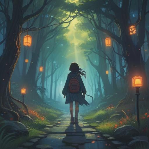 A person standing alone on a misty path, embracing their shadow, surrounded by ethereal glowing lights, symbolic representations of inner turmoil and self-acceptance, a serene forest background, calming colors, spiritual awakening, deep reflection, mystical atmosphere, 4k