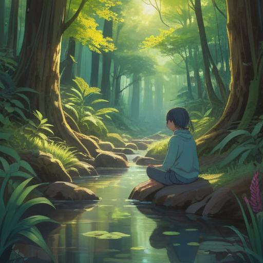 A serene landscape depicting a peaceful forest, gentle sunlight filtering through the leaves, a small brook flowing softly, a person meditating on a rock by the water, surrounded by blooming flowers, vivid colors, calming atmosphere, rich textures, 4k