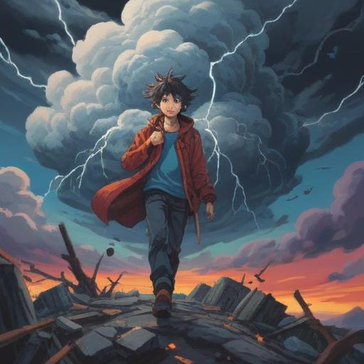 A surreal illustration depicting a person surrounded by stormy clouds, representing confusion and frustration, calm expression amidst chaos, symbolic imagery of a weighing scale showing imbalance, ethereal light breaking through the clouds, deep blue and gray color palette, spiritual elements like floating orbs and feathers, 4k