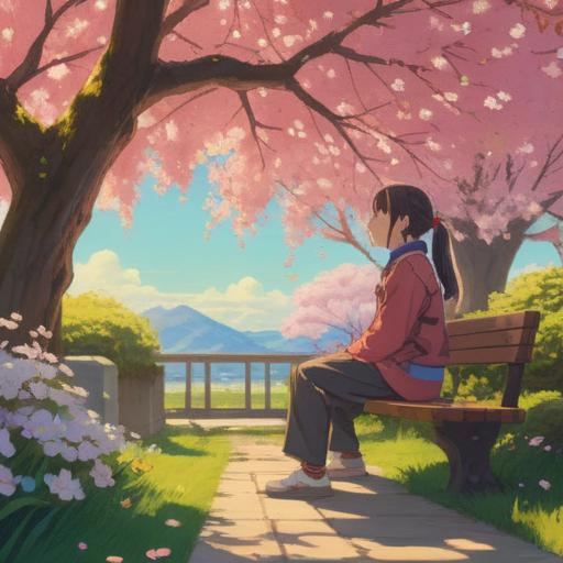 A serene scene depicting a peaceful garden, a person sitting on a bench under a blooming cherry blossom tree, soft sunlight filtering through the branches, a calm expression on their face, surrounded by flowers and gentle breeze, signifying renewal and inner peace, tranquil atmosphere, 4k