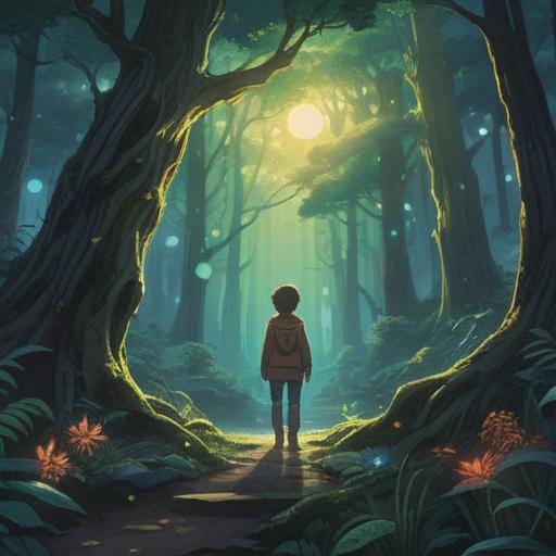 A serene illustration of a person standing at the edge of a tranquil forest, gently stepping away from a large, glowing tree representing their past, ethereal light surrounding them, symbolic representation of growth and transformation, soft rays of sunlight filtering through the leaves, a peaceful expression on their face, 4k