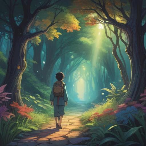 A serene landscape depicting a person stepping away from their familiar surroundings, ethereal light illuminating the path ahead, symbolic representations of spiritual growth and enlightenment, gentle breeze rustling through leaves, vibrant colors reflecting inner harmony, peaceful atmosphere, soft focus on the individual, nature intertwined with spirituality, 4k