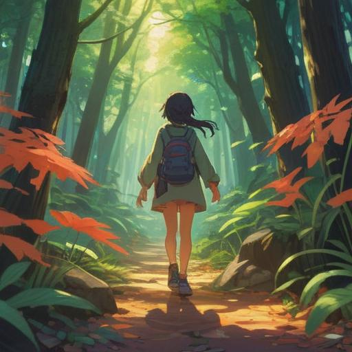 A serene scene depicting a person stepping away from a familiar place, sunlight breaking through the trees, a gentle breeze rustling the leaves, symbols of luck appearing in the air, vibrant colors representing hope and opportunity, nature’s beauty surrounding, sense of freedom and new beginnings, 4k