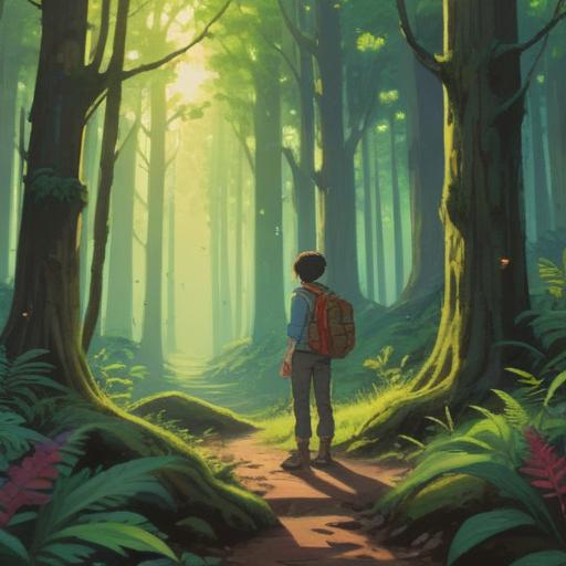 A serene scene depicting a person standing at a crossroads in a lush forest, sunlight filtering through the trees, a journal in hand, contemplative expression, symbols of self-discovery like mirrors and paths, vibrant foliage, peaceful atmosphere, sense of journey and introspection, 4k