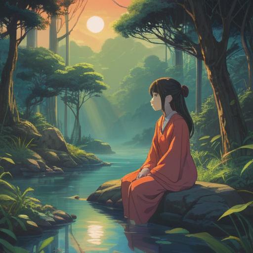 A serene and introspective illustration, ethereal landscape, soft light illuminating a figure in contemplation, surrounded by symbolic elements representing identity and self-discovery, gentle waves in the background, vibrant colors blending with tranquil tones, mystical atmosphere, hints of nature and the cosmos, 4k