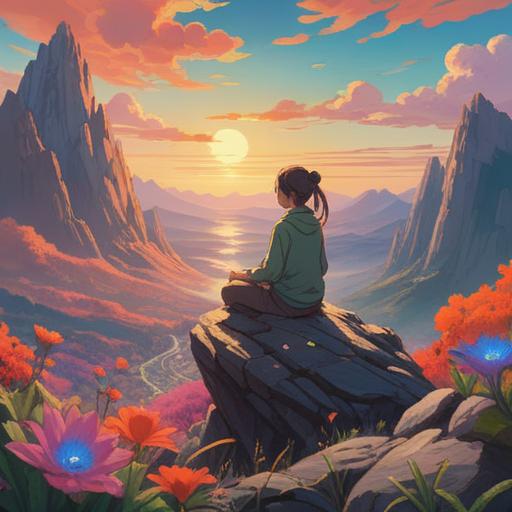 A serene landscape depicting a person meditating on a mountain peak, surrounded by floating symbols of enlightenment and spiritual awakening, gentle sunlight breaking through the clouds, vibrant colors of nature, peaceful expressions, signs of personal growth and self-discovery, 4k