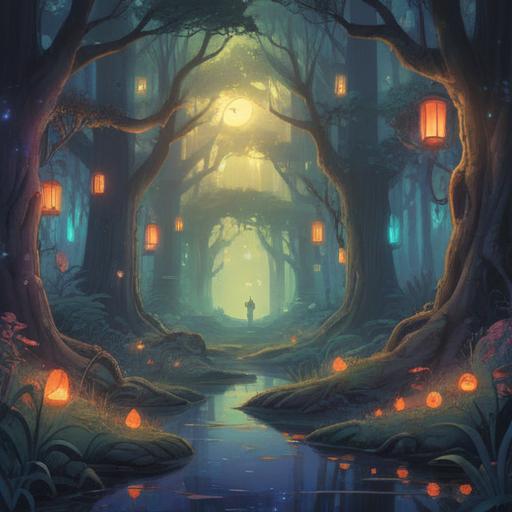 A mystical forest scene at twilight, glowing symbols floating in the air, a contemplative individual surrounded by ancient trees, soft ethereal light illuminating the surroundings, vibrant colors representing emotions, subtle energy flows visible, deep connection to nature, spiritual awakening journey, rich details in the foliage, tranquil atmosphere, 4k