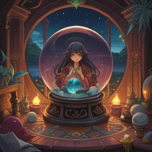 A mystical illustration of a fortune-telling session, featuring a crystal ball and tarot cards, enchanting atmosphere, warm candlelight illuminating the scene, various lucky charms scattered around, a serene figure deep in thought, intricate details emphasizing the journey of self-discovery, 4k