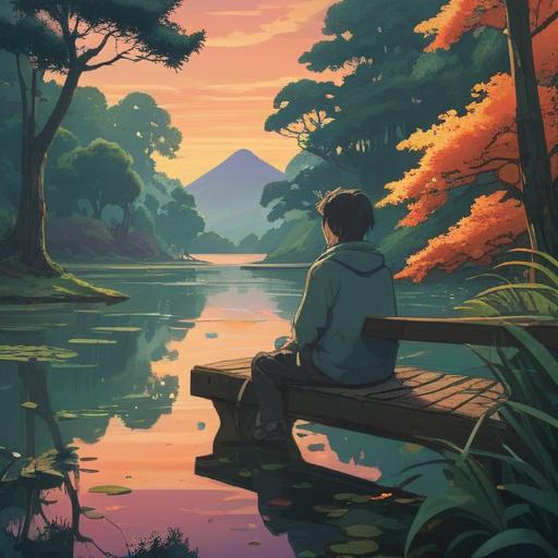 A serene landscape reflecting self-reflection, a tranquil lake surrounded by lush greenery, a person sitting peacefully on a bench, gazing thoughtfully at their reflection in the water, soft sunlight filtering through the trees, soothing atmosphere, gentle waves, symbols of mindfulness, calming colors, 4k