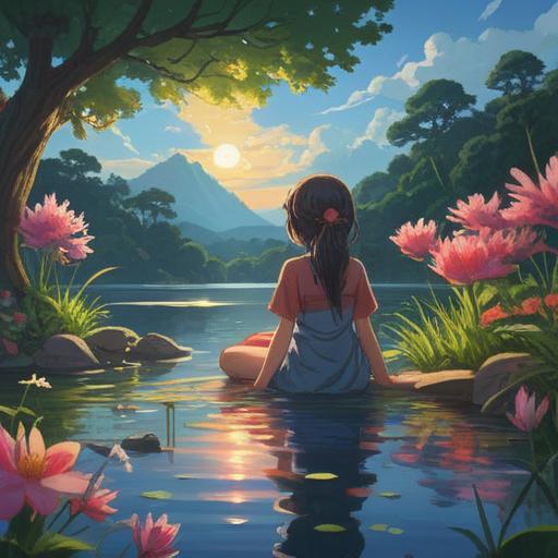 A serene spiritual scene, an individual gazing at their reflection in a calm lake, surrounded by lush greenery and blooming flowers, rays of sunlight filtering through the trees, gentle smile on their face, reflecting self-love and positivity, mystical aura, vibrant colors, peaceful atmosphere, 4k