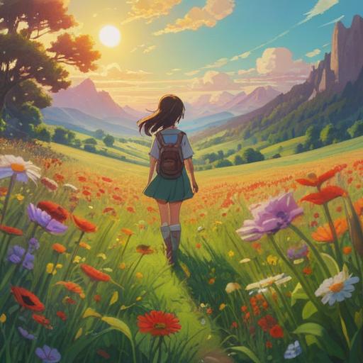 A serene scene depicting a person standing in a sunlit meadow, surrounded by vibrant wildflowers, looking up to the sky with a joyful expression, embodying self-love and confidence, soft beams of sunlight illuminating their face, a gentle breeze rustling the flowers, symbolic representations of positive energy around, a tranquil vibe, clear blue sky, spiritual symbols subtly integrated into the background, 4k