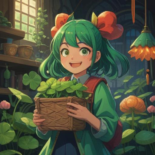 A whimsical illustration of a person smiling joyfully after giving themselves a compliment, surrounded by vibrant lucky items like a four-leaf clover, a horseshoe, and a lucky cat, bright colors, cheerful atmosphere, playful details, uplifting scene, 4k