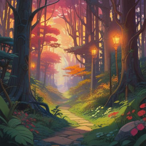 A serene landscape depicting a winding path through a tranquil forest, glowing light filtering through the trees, symbolic representations of choices and directions, a figure in contemplation, surrounded by natural elements, ethereal atmosphere, deep connection with nature, spiritual journey, reflective mood, 4k