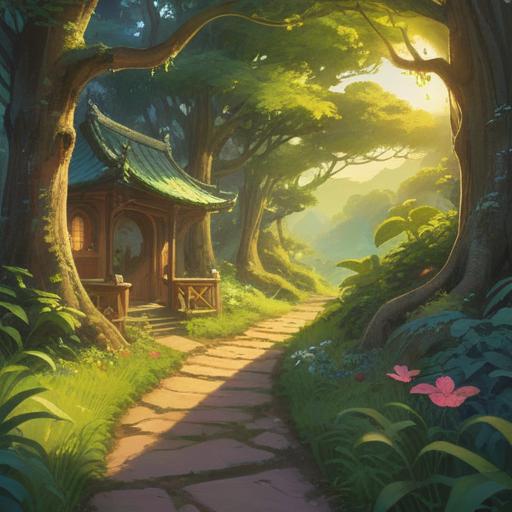A serene landscape bathed in golden sunlight, a winding path through lush greenery, gentle guiding signs glowing with spiritual symbols, ethereal light illuminating the way, a figure standing at the crossroads contemplating the journey ahead, peaceful and hopeful atmosphere, 4k