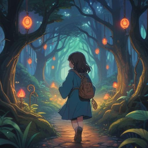 A whimsical illustration of a person holding a lucky charm, surrounded by a vibrant and mysterious forest, ethereal lights guiding their path, various symbols of fortune scattered around, a serene expression on their face, warm sunlight filtering through the trees, a sense of discovery and adventure, highly detailed, enchanting atmosphere.