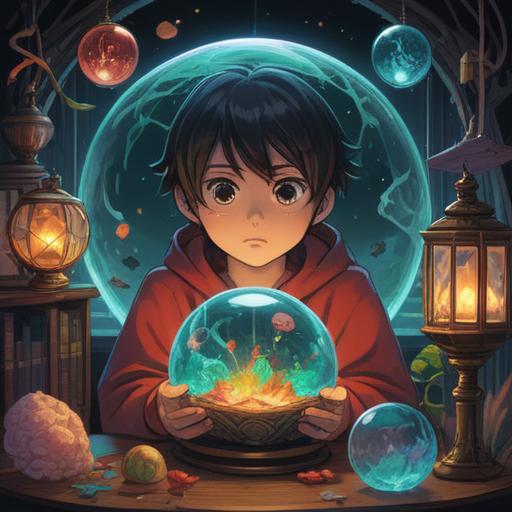 A vibrant and mystical illustration of a person contemplating their lucky items, surrounded by symbolic objects like a crystal ball, a four-leaf clover, and a lucky coin, soft glowing light illuminating the scene, intricate details reflecting personal growth and self-discovery, serene atmosphere, warm colors, character gazing thoughtfully, 4k