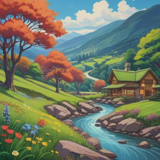 A serene landscape featuring a harmonious blend of nature and spirituality, a tranquil setting with rolling hills and vibrant flowers, a gentle stream flowing through, sunlight filtering through lush trees, people meditating peacefully, symbols of guidance and intuition represented by birds and butterflies, a sense of connection to the earth, vibrant colors, calming atmosphere, 4k