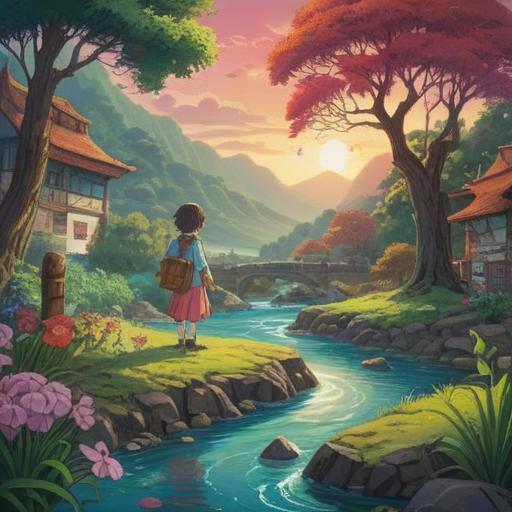 A whimsical scene depicting a person holding a lucky charm in a serene landscape, vibrant colors, lush greenery, gently flowing river, colorful flowers, a clear blue sky, soft sunlight, a sense of adventure and discovery, connection to nature, harmonious atmosphere, 4k