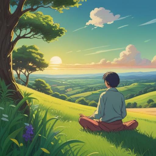 A serene landscape illustration depicting a person meditating in a tranquil natural setting, surrounded by lush green fields and rolling hills, soft sunlight filtering through trees, conveying a sense of inner peace and mindfulness, elements of nature symbolizing balance and harmony, clear blue sky, thoughtful expression, detailed background, promoting awareness and contemplation, 4k