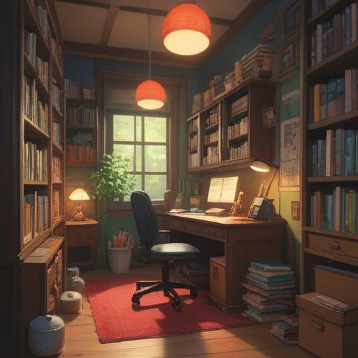 A captivating illustration of a serene workspace, filled with inspiring books, a stylish desk adorned with fragrant essential oil bottles, sunlight streaming through a window, a sense of creativity in the air, calming colors, aromatic plants, a cozy atmosphere, a person joyfully writing and surrounded by ideas, 4k