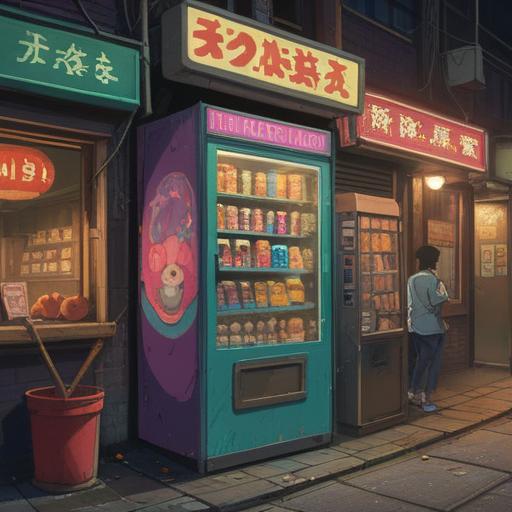 A spiritual scene depicting a vending machine in a quiet alley, eerie silence, coins stuck in the slot, a mysterious glow around the machine, ambient lighting casting shadows, a sense of frustration and curiosity, reflecting on the deeper meaning of life's little obstacles, surreal atmosphere, vibrant colors, emotional undertones, thought-provoking imagery